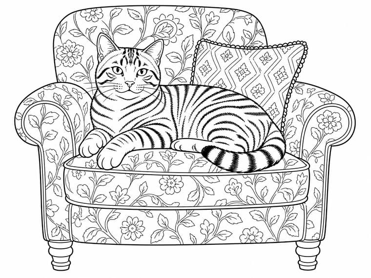 Ausmalbild getigerte Katze auf Sessel