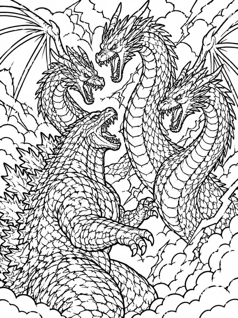 Epic Kaiju Battle: King Ghidorah vs Godzilla Coloring Page
