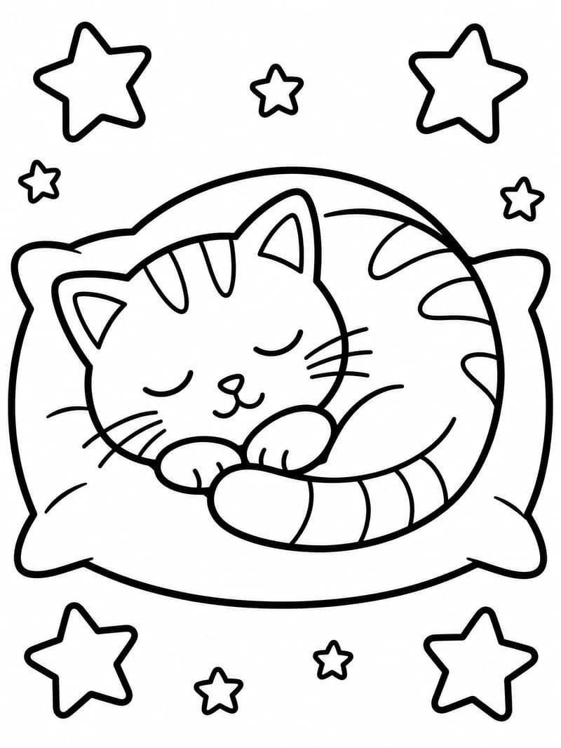 Cat curled into a circle on a pillow, surrounded by stars in Bold and Easy art style.