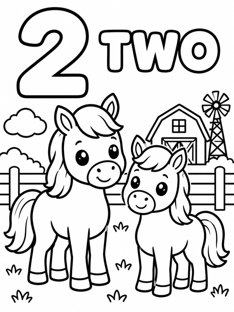 Coloring book page for kids age 3-5, a big number [TWO] next to [2] cute cartoon [Horses] on a farm. Thick bold black outlines, clean white background, simple kawaii style, no shading, educational.