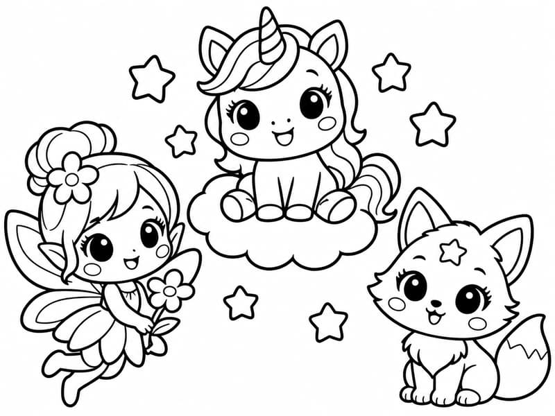 Kawaii chibi anime style coloring page for kids ages 3-8, a baby unicorn sitting on a cloud with stars, thick clean black outlines, simple large shapes, closed outlines, no shading, no grey, white background.
Variantes : a fairy with big eyes holding a flower ; a cute magic fox with a star on its forehead.