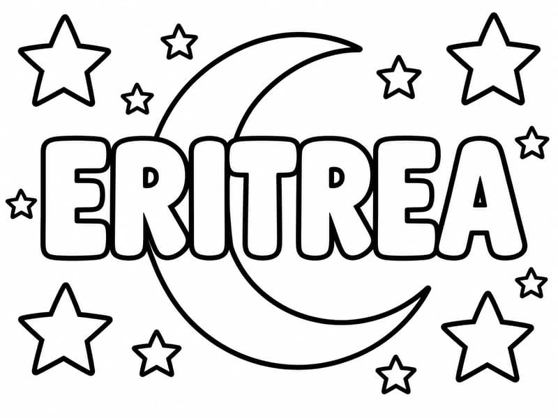 large print ERITREA surrounded by stars with a crescent moon behind the name