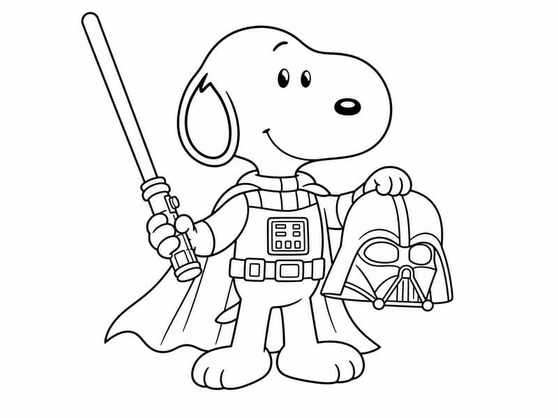 Make a coloring page of snoopy in a Darry Vader costume w the mask not on his face but resting in his hand a light saber in the other hand, make it cartoon style and easy to trace