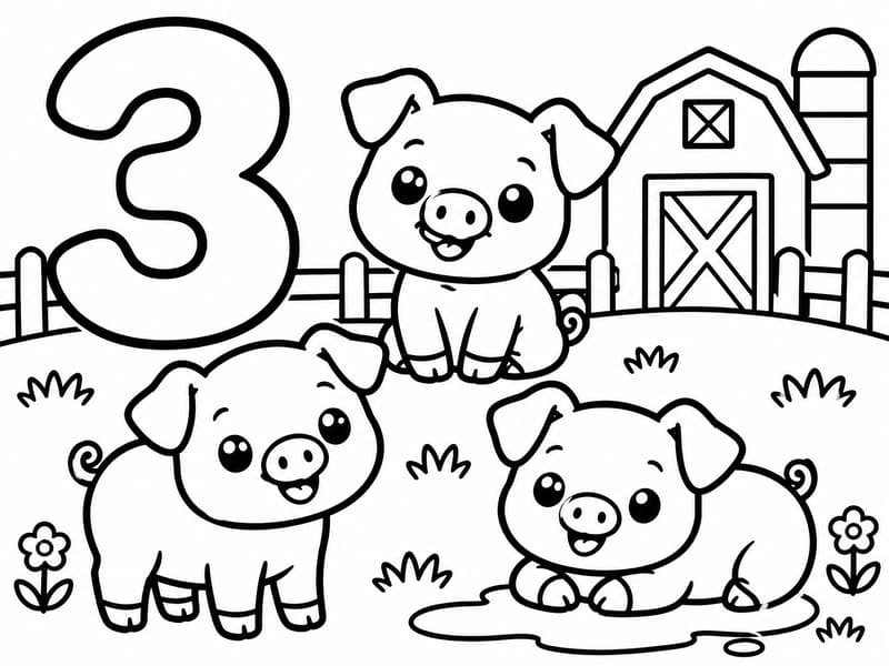 Coloring book page for kids age 3-5, a big number [Three] next to [3] cute cartoon [PIGS] on a farm. Thick bold black outlines, clean white background, simple kawaii style, no shading, educational.