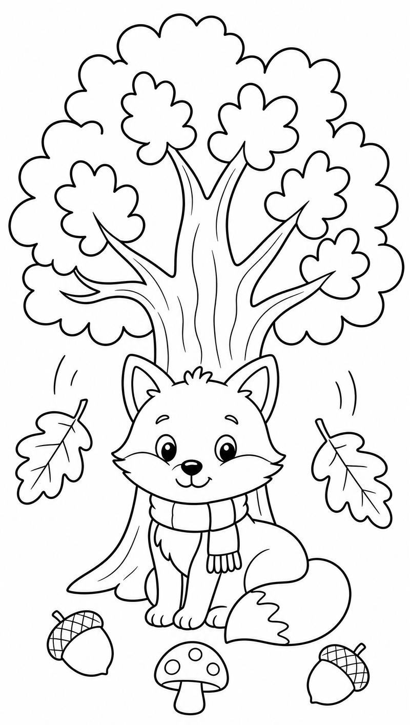Create a single black-and-white coloring book page for children, 300 DPI. Feature a cute, friendly cartoon fox with rounded child-friendly features and a gentle expression, wearing a small autumn scarf and sitting beneath a large oak tree. Add a few large falling leaves, exactly two visible acorns, and one simple mushroom in the foreground. Center the composition, keep it balanced and uncluttered, with generous white space and minimal background detail. Use clean vector-style line art with bold, uniform black outlines, approximately 3–4 pt. All shapes must be clearly separated and fully closed for easy coloring, with large, simple colorable areas. Pure white background only. No color, shading, gray tones, gradients, shadows, cross-hatching, textures, sketchy lines, excessive detail, confusing overlaps, open outlines, text, numbers, logos, watermarks, signatures, or borders. Classic children’s activity-book style, cheerful, simple, professional, high-resolution, and print-ready.